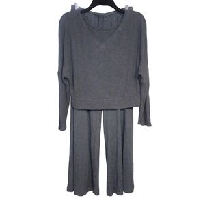 Auden Ribbed Knit Lounge Sleep Set Gray Crop Top Wide Leg Pants Size XS EUC